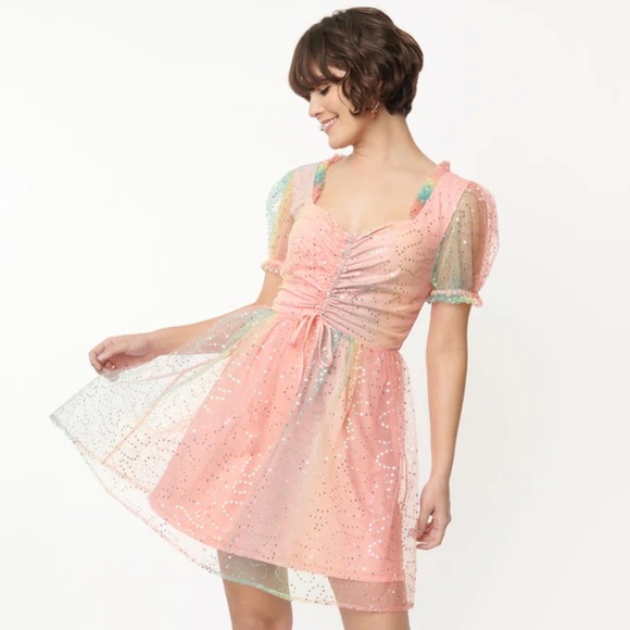 Unique Vintage Smak Parlour Rainbow Ombré Sequin Woodstock Flare Dress Large - Picture 1 of 10